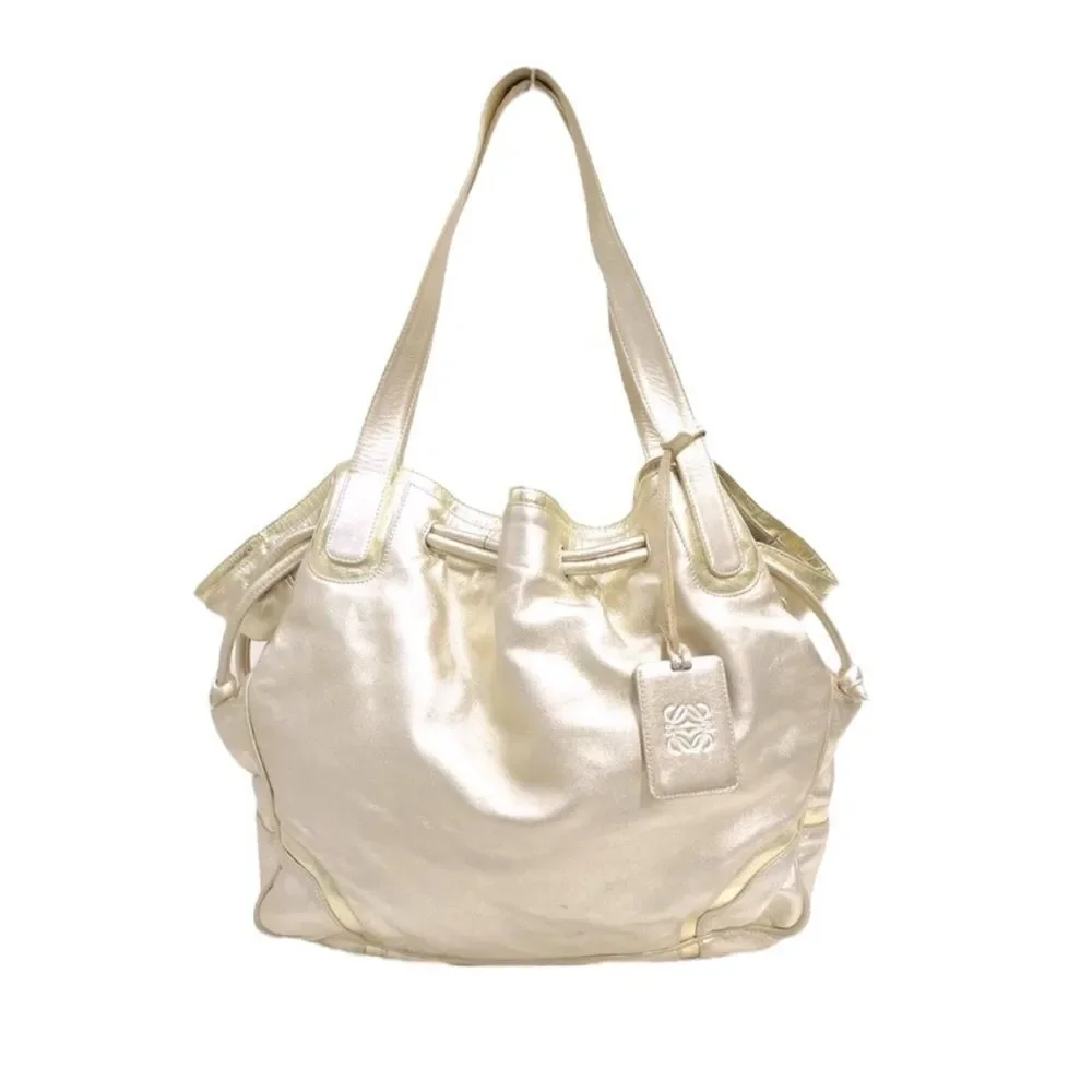 Auth Loewe Champagne Gold Leather Hobo Bucket Shoulder Bag Cinch